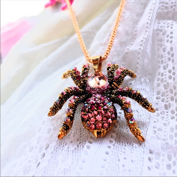 Bronze & Pink Crystal Spider Pendant Necklace, NWT - Picture 2 of 6